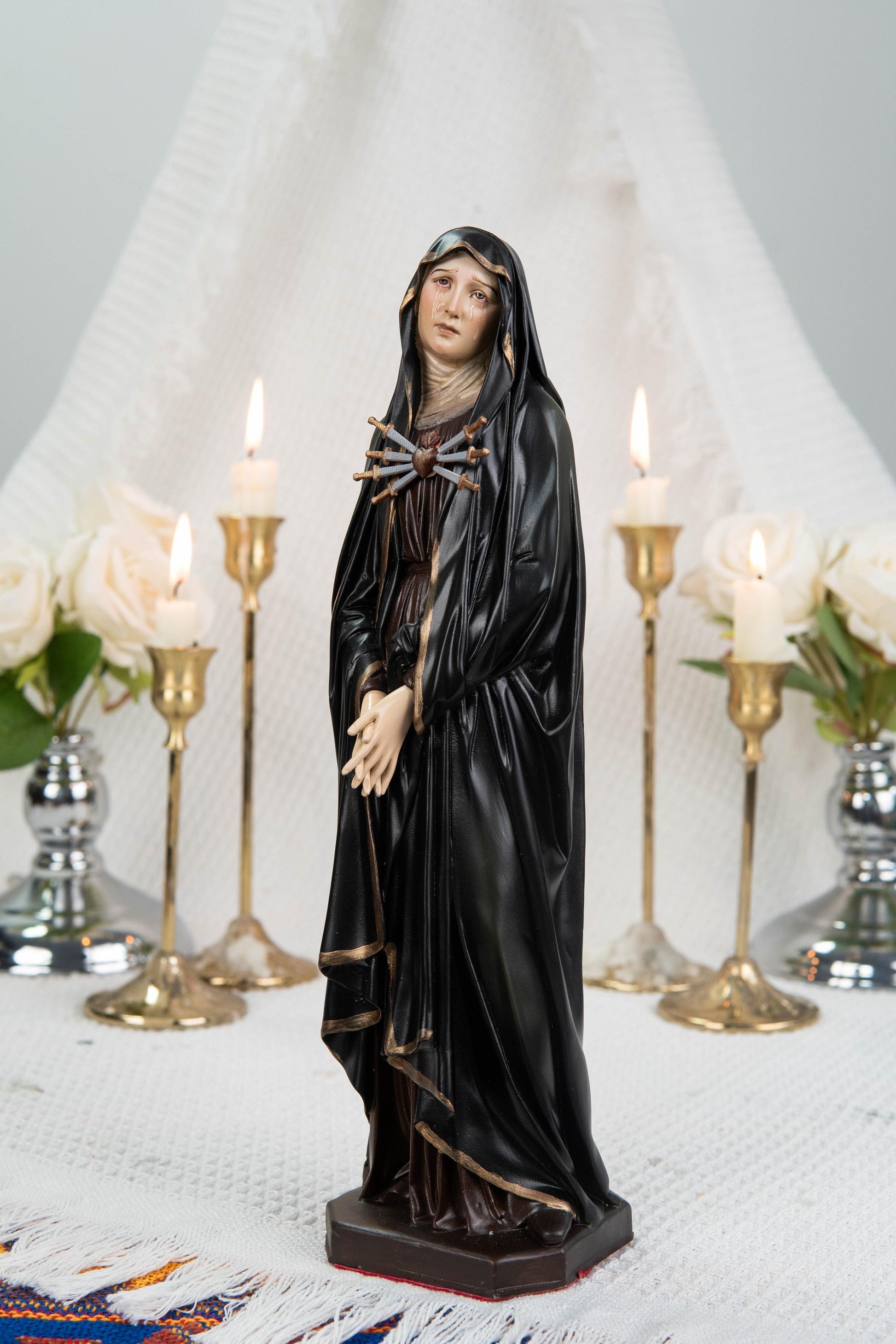 Catholic Statue Set Premium Hand-Painted: St John Apostle & Mater Dolorosa with Seven Swords, Catholic Statue Pair, Home Altar Decor