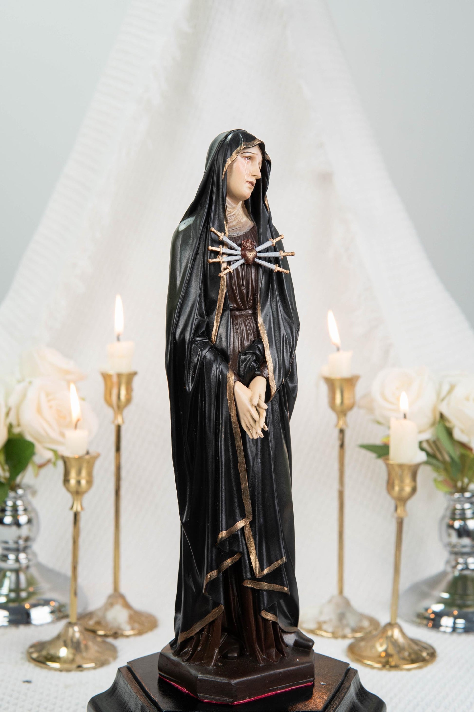 Catholic Statue Set Premium Hand-Painted: St John Apostle & Mater Dolorosa with Seven Swords, Catholic Statue Pair, Home Altar Decor