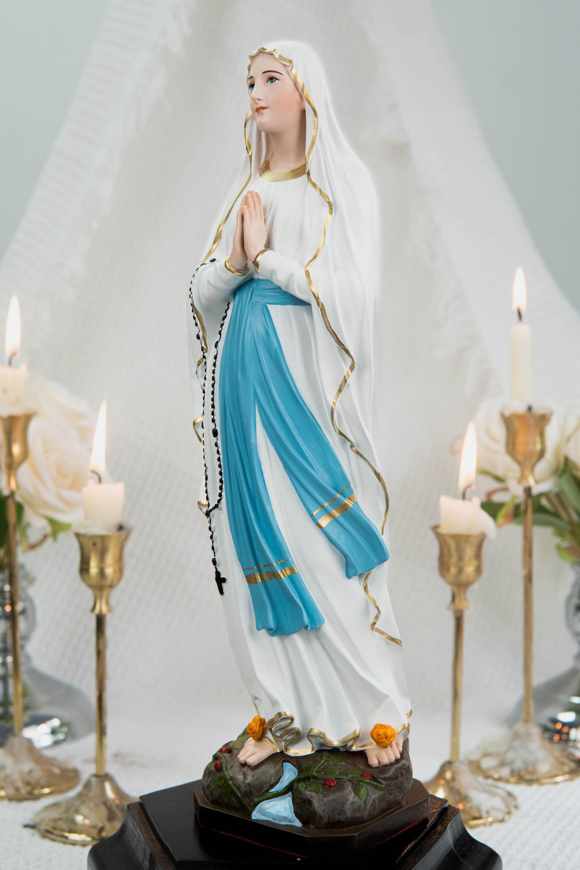 Our Lady of Lourdes Statue 11.8" - Virgin Mary Figurine with Rosary, Catholic Prayer Statue, Catholic Gift for Women, Home Decor