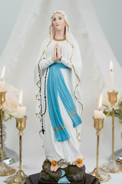 Our Lady of Lourdes Statue 11.8" - Virgin Mary Figurine with Rosary, Catholic Prayer Statue, Catholic Gift for Women, Home Decor