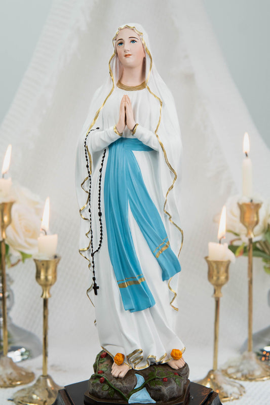 Our Lady of Lourdes Statue 11.8" - Virgin Mary Figurine with Rosary, Catholic Prayer Statue, Catholic Gift for Women, Home Decor