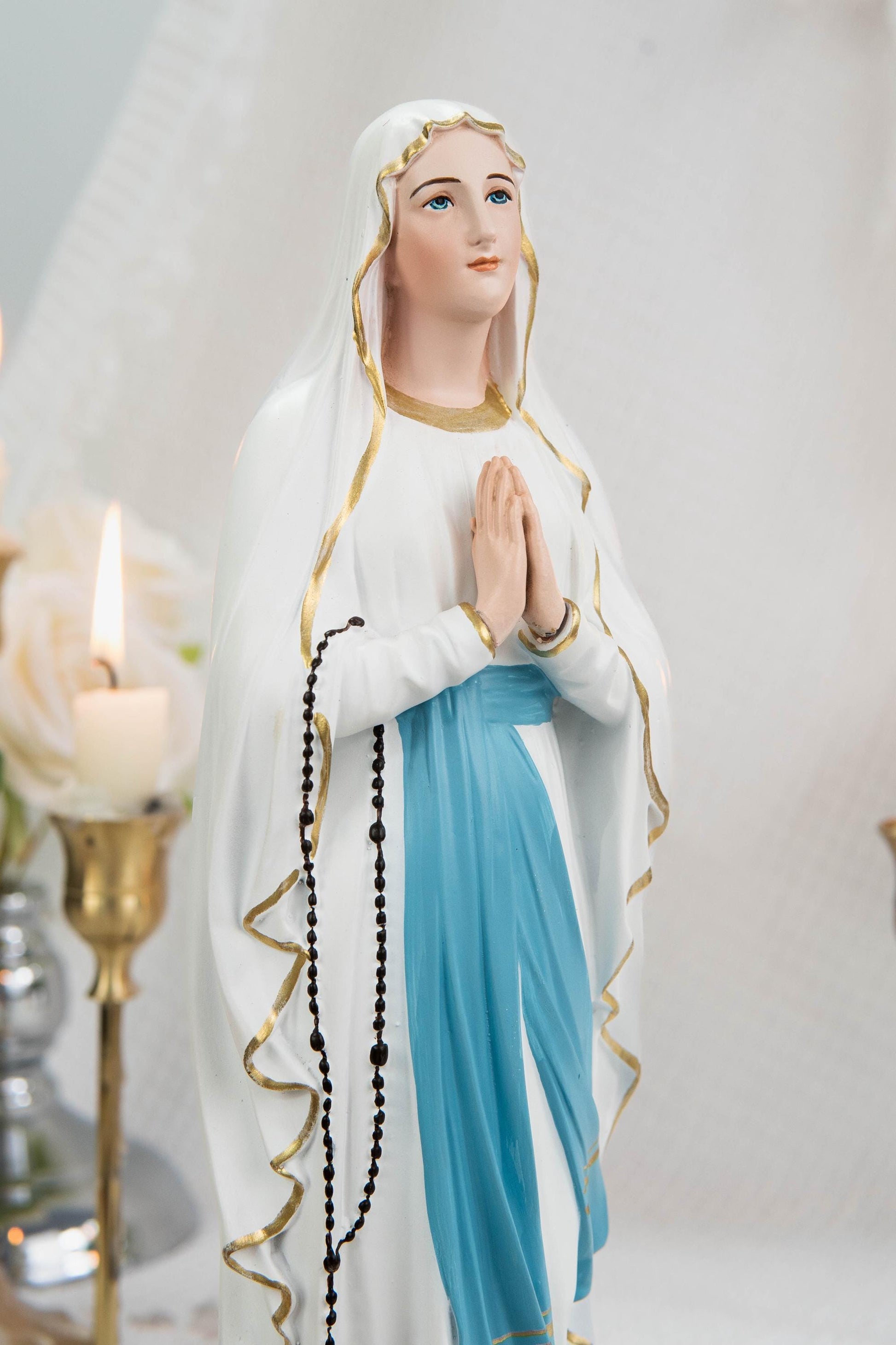 Our Lady of Lourdes Statue 11.8" - Virgin Mary Figurine with Rosary, Catholic Prayer Statue, Catholic Gift for Women, Home Decor