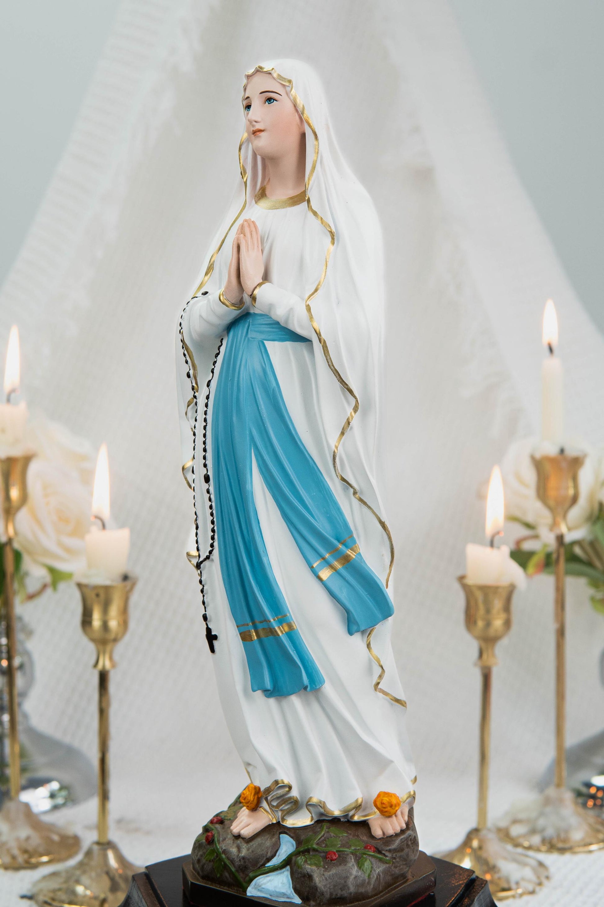 Our Lady of Lourdes Statue 11.8" - Virgin Mary Figurine with Rosary, Catholic Prayer Statue, Catholic Gift for Women, Home Decor