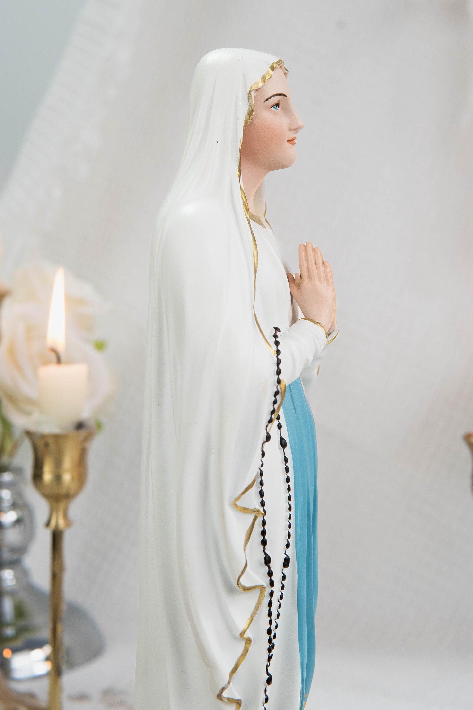 Our Lady of Lourdes Statue 11.8" - Virgin Mary Figurine with Rosary, Catholic Prayer Statue, Catholic Gift for Women, Home Decor