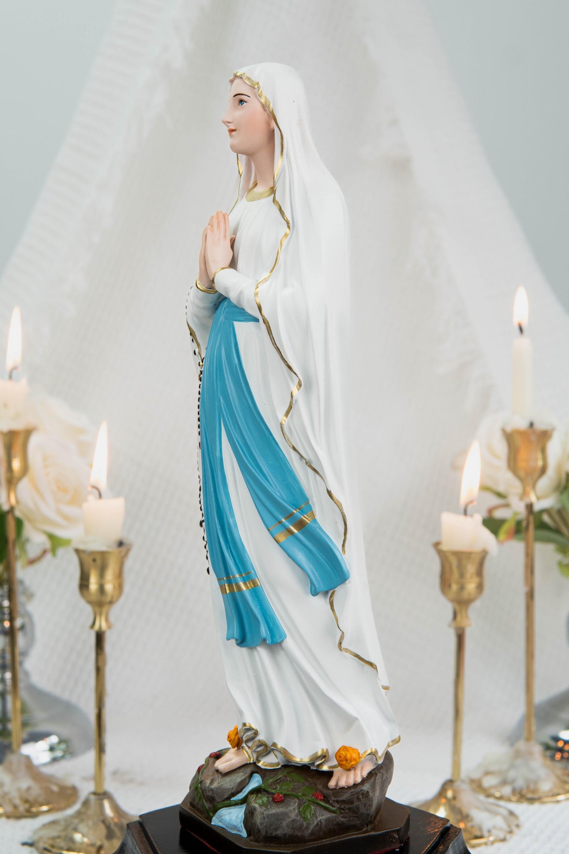 Our Lady of Lourdes Statue 11.8" - Virgin Mary Figurine with Rosary, Catholic Prayer Statue, Catholic Gift for Women, Home Decor