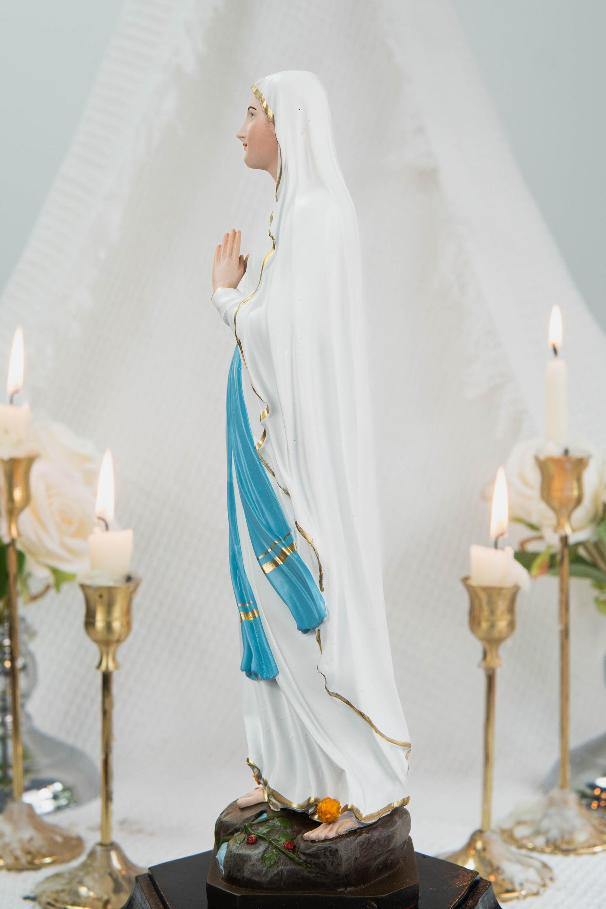 Our Lady of Lourdes Statue 11.8" - Virgin Mary Figurine with Rosary, Catholic Prayer Statue, Catholic Gift for Women, Home Decor