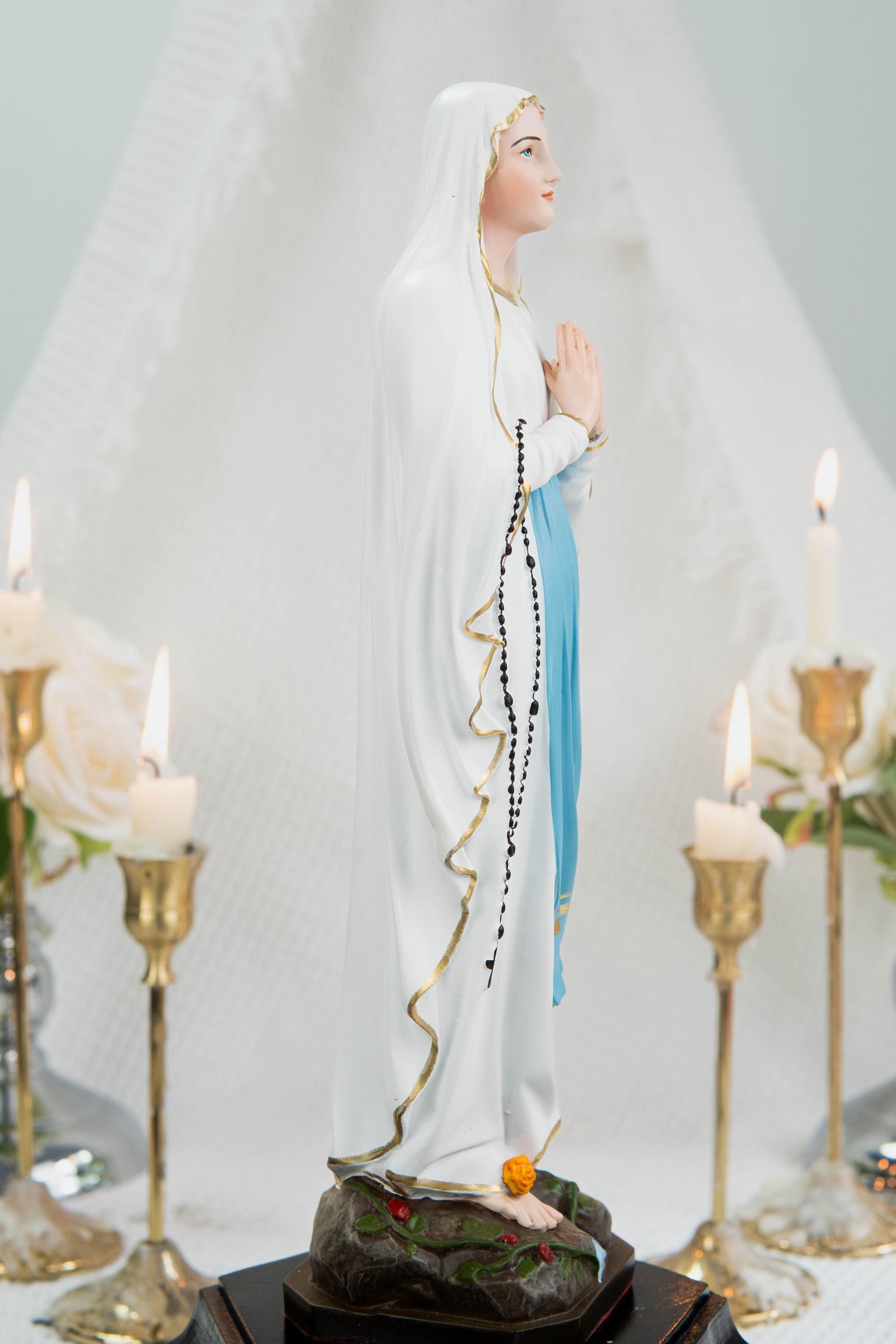 Our Lady of Lourdes Statue 11.8" - Virgin Mary Figurine with Rosary, Catholic Prayer Statue, Catholic Gift for Women, Home Decor