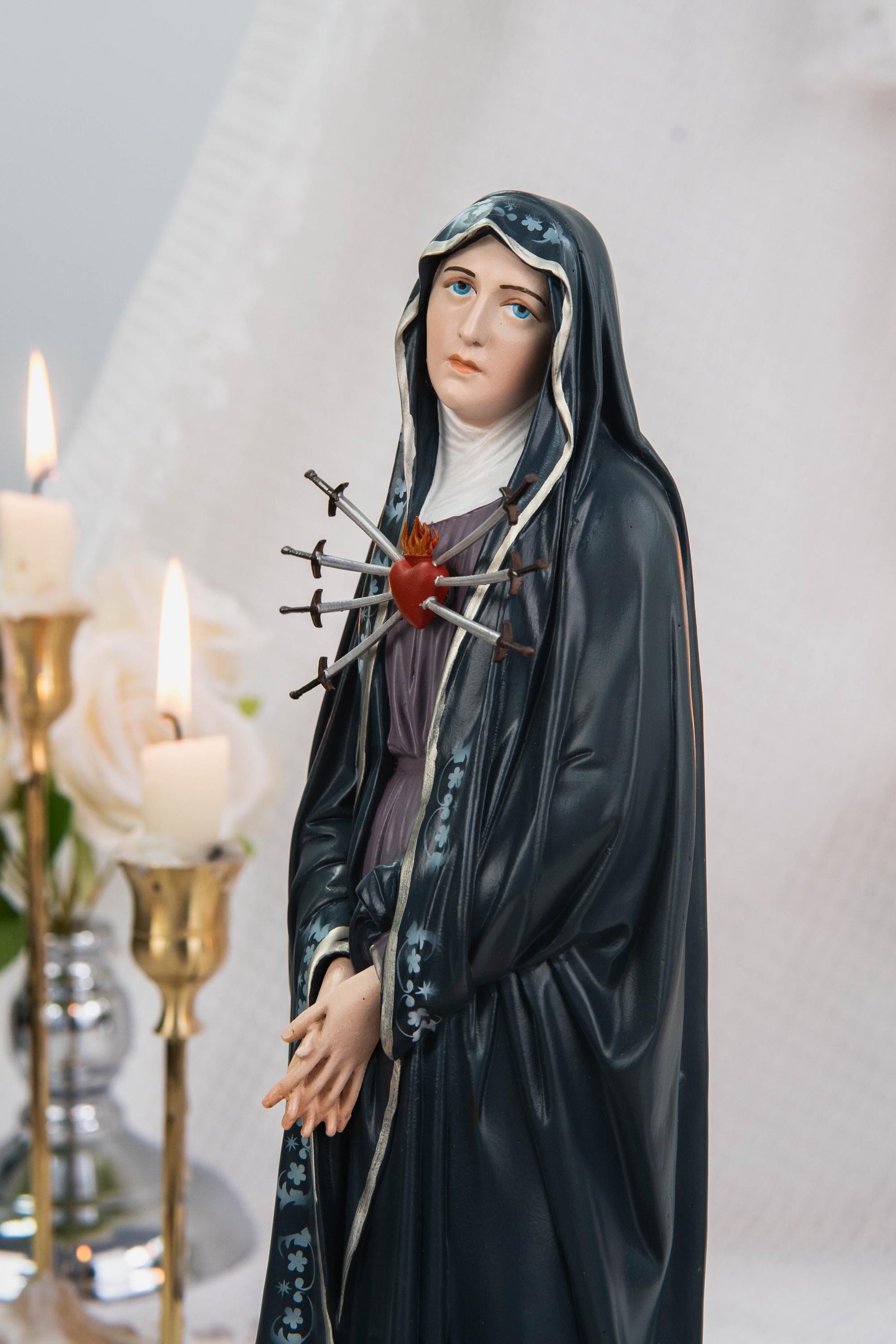 Special Edition Our Lady of Seven Sorrows Statue - Navy Blue Virgin Mary Figurine, Catholic Religious Decor, Meaningful Catholic Gift