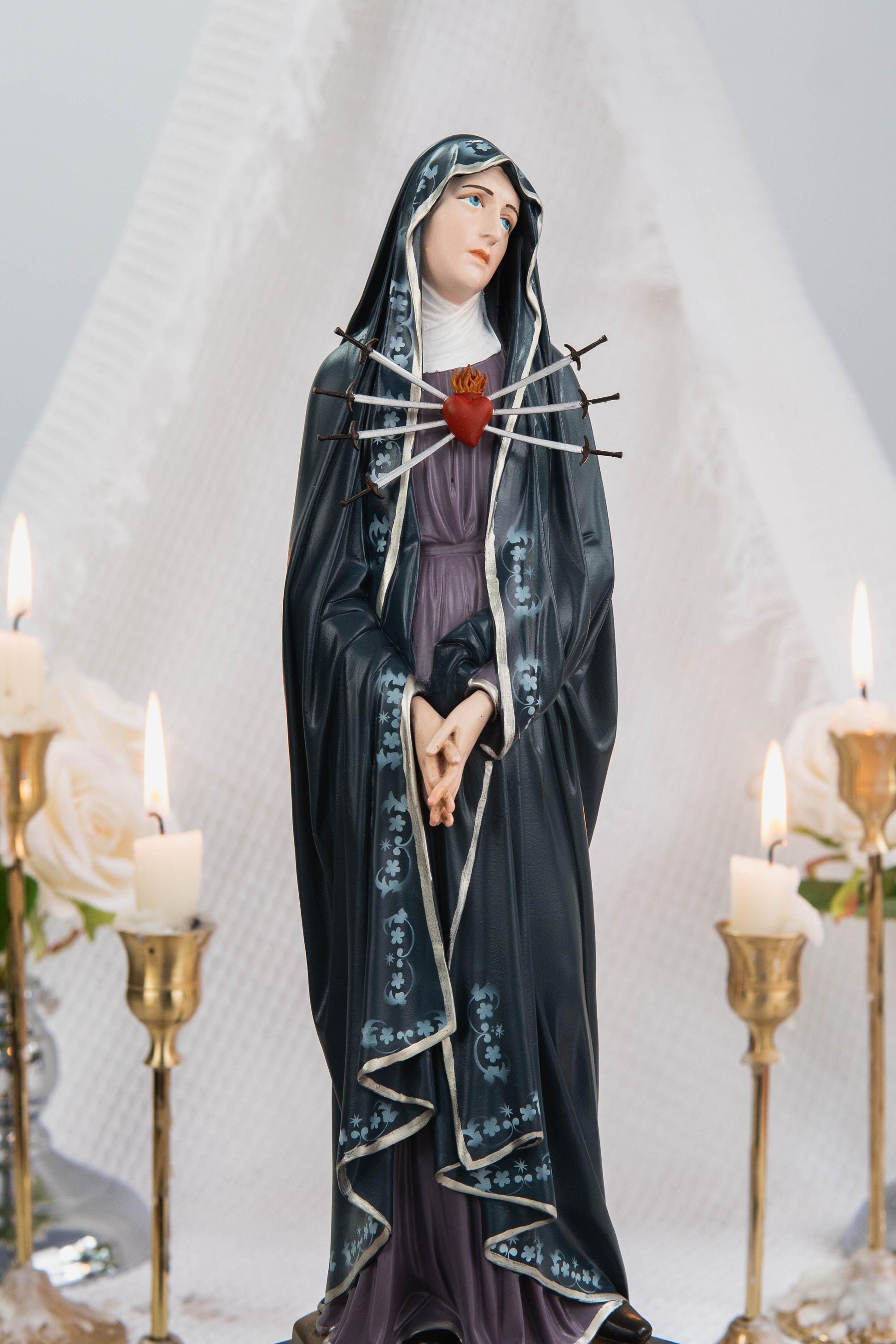 Special Edition Our Lady of Seven Sorrows Statue - Navy Blue Virgin Mary Figurine, Catholic Religious Decor, Meaningful Catholic Gift