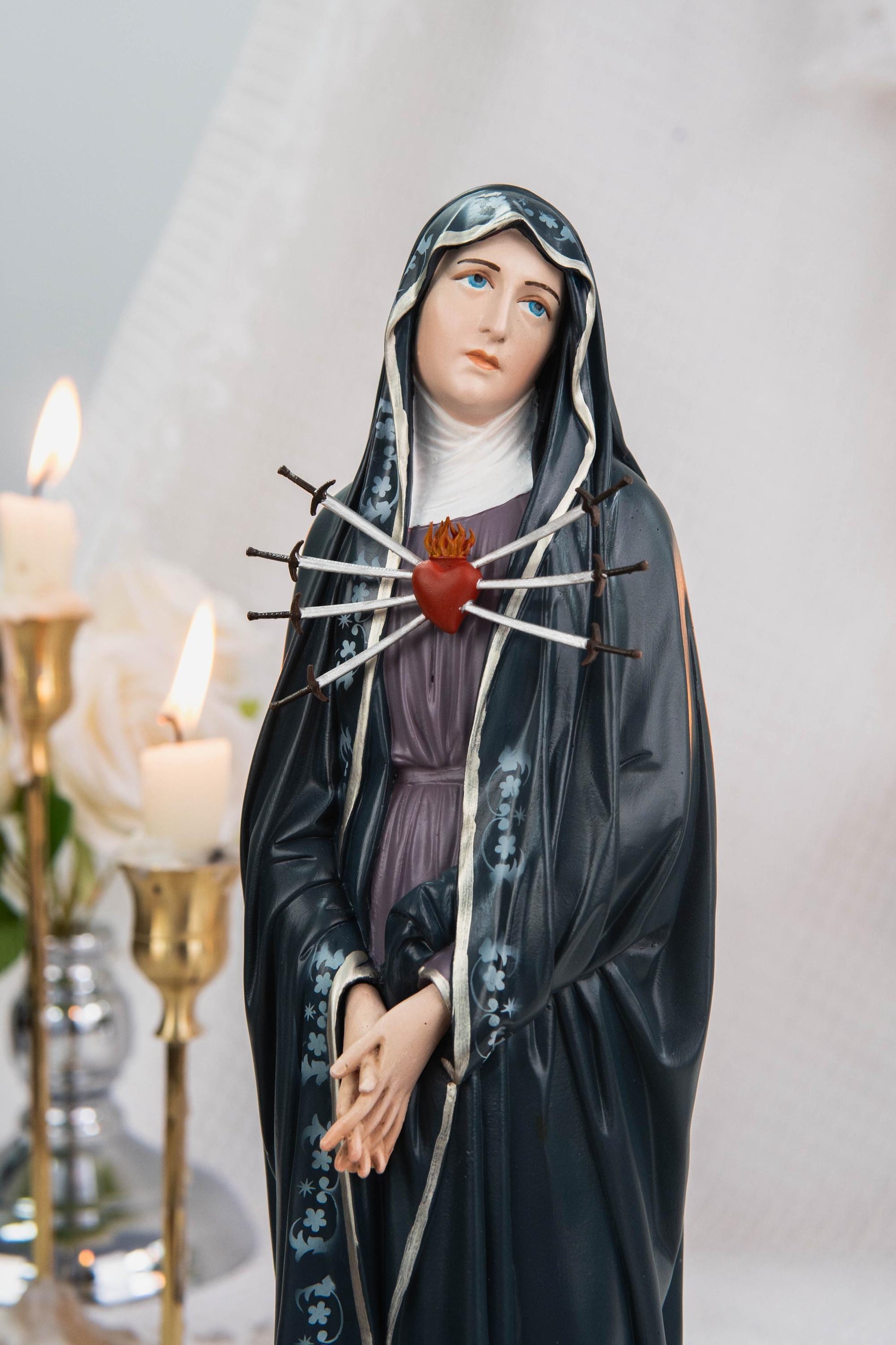 Special Edition Our Lady of Seven Sorrows Statue - Navy Blue Virgin Mary Figurine, Catholic Religious Decor, Meaningful Catholic Gift
