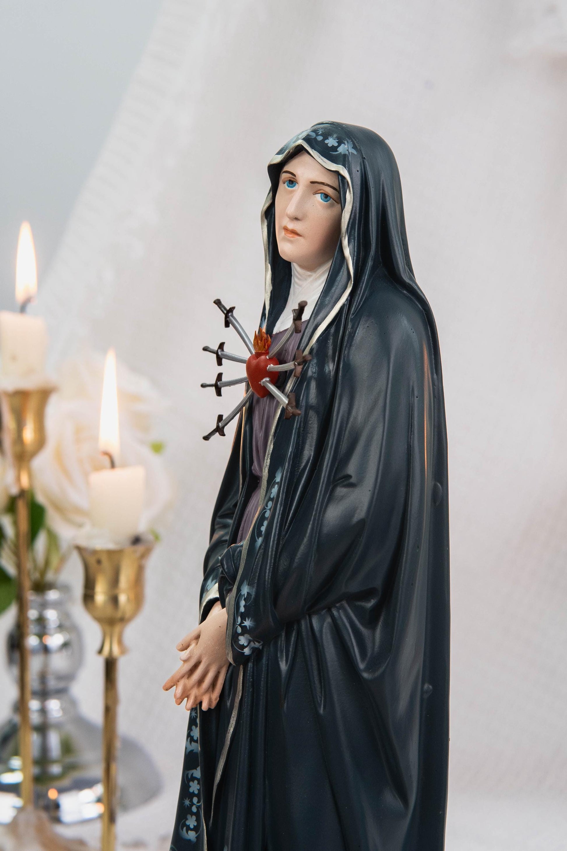 Special Edition Our Lady of Seven Sorrows Statue - Navy Blue Virgin Mary Figurine, Catholic Religious Decor, Meaningful Catholic Gift