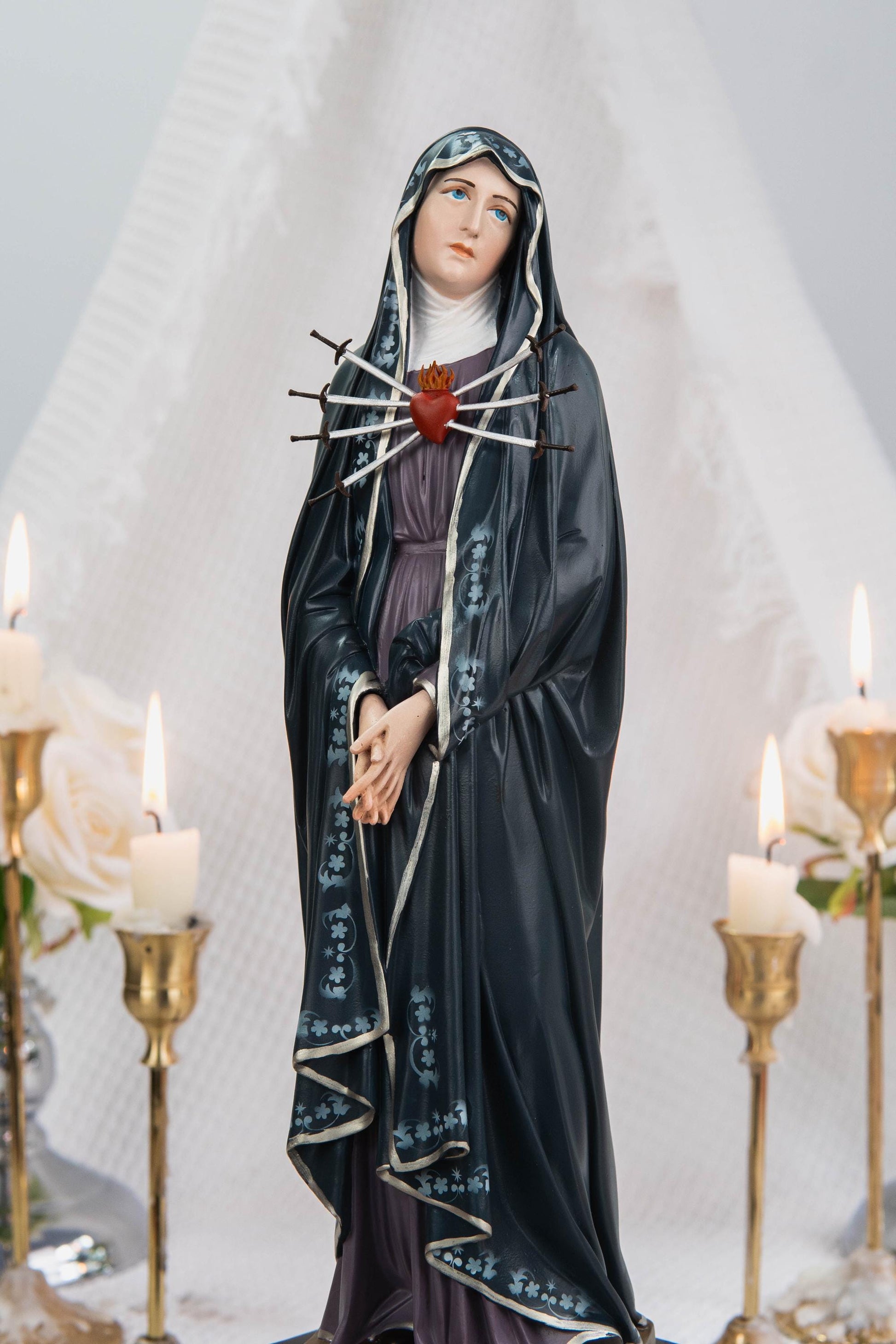 Special Edition Our Lady of Seven Sorrows Statue - Navy Blue Virgin Mary Figurine, Catholic Religious Decor, Meaningful Catholic Gift