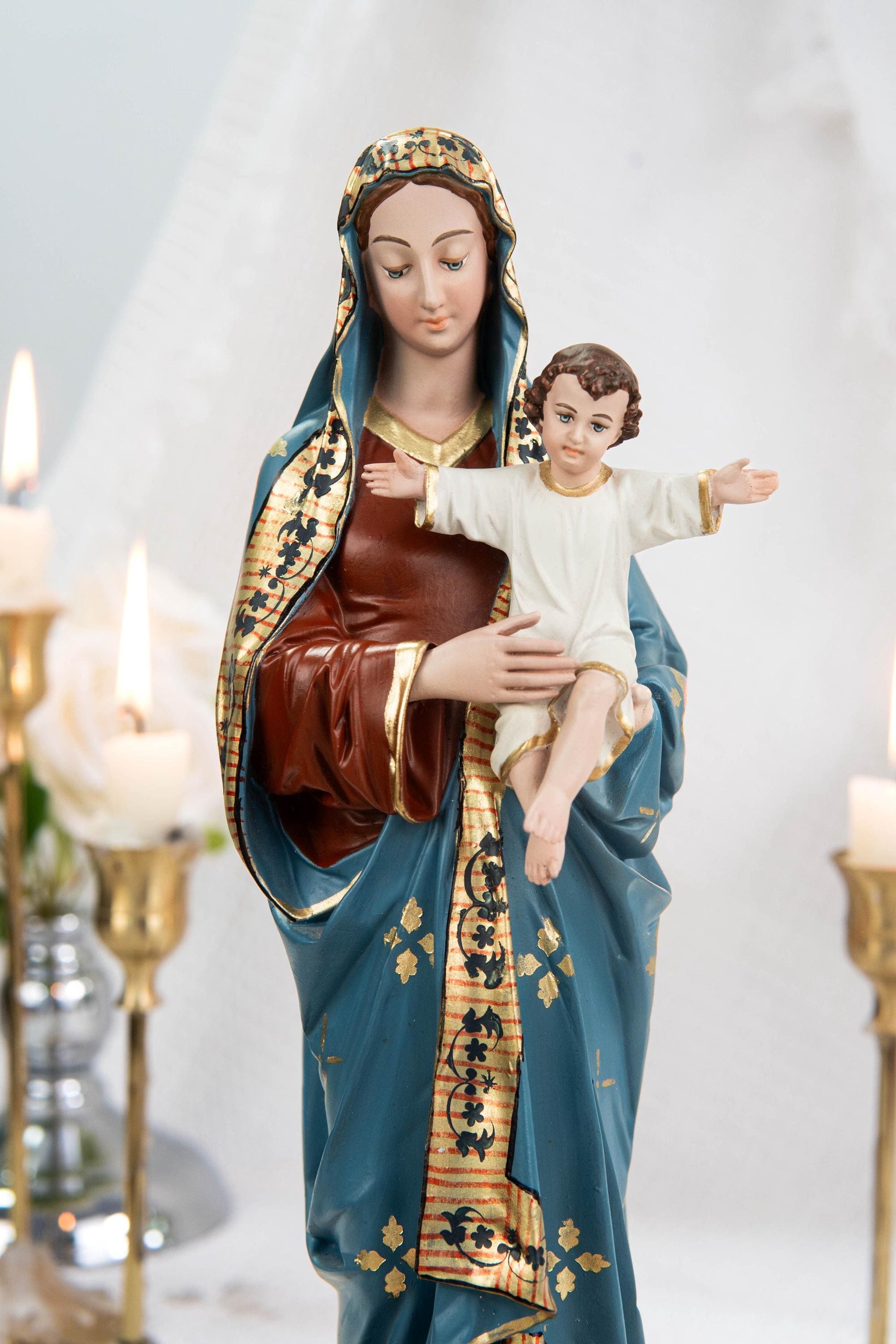 Hand-Painted Madonna and Child Statue 11.8" - Virgin Mary Holding Child Jesus Statue, Virgin Mary with Baby Jesus, Catholic Gifts for Women