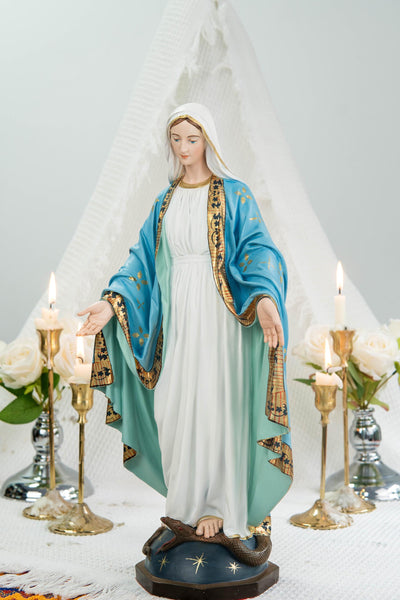 Hand-Painted Our Lady of Grace Statue 15.8" – Elegant Blue White Catholic Figurine, Mother Mary Decor, Catholic Gift's Mom,Home Altar Statue