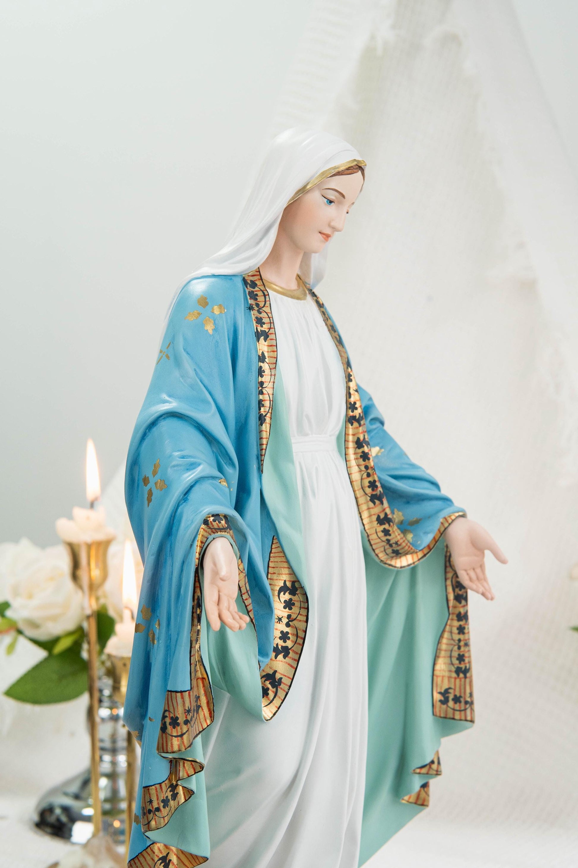 Hand-Painted Our Lady of Grace Statue 15.8" – Elegant Blue White Catholic Figurine, Mother Mary Decor, Catholic Gift's Mom,Home Altar Statue