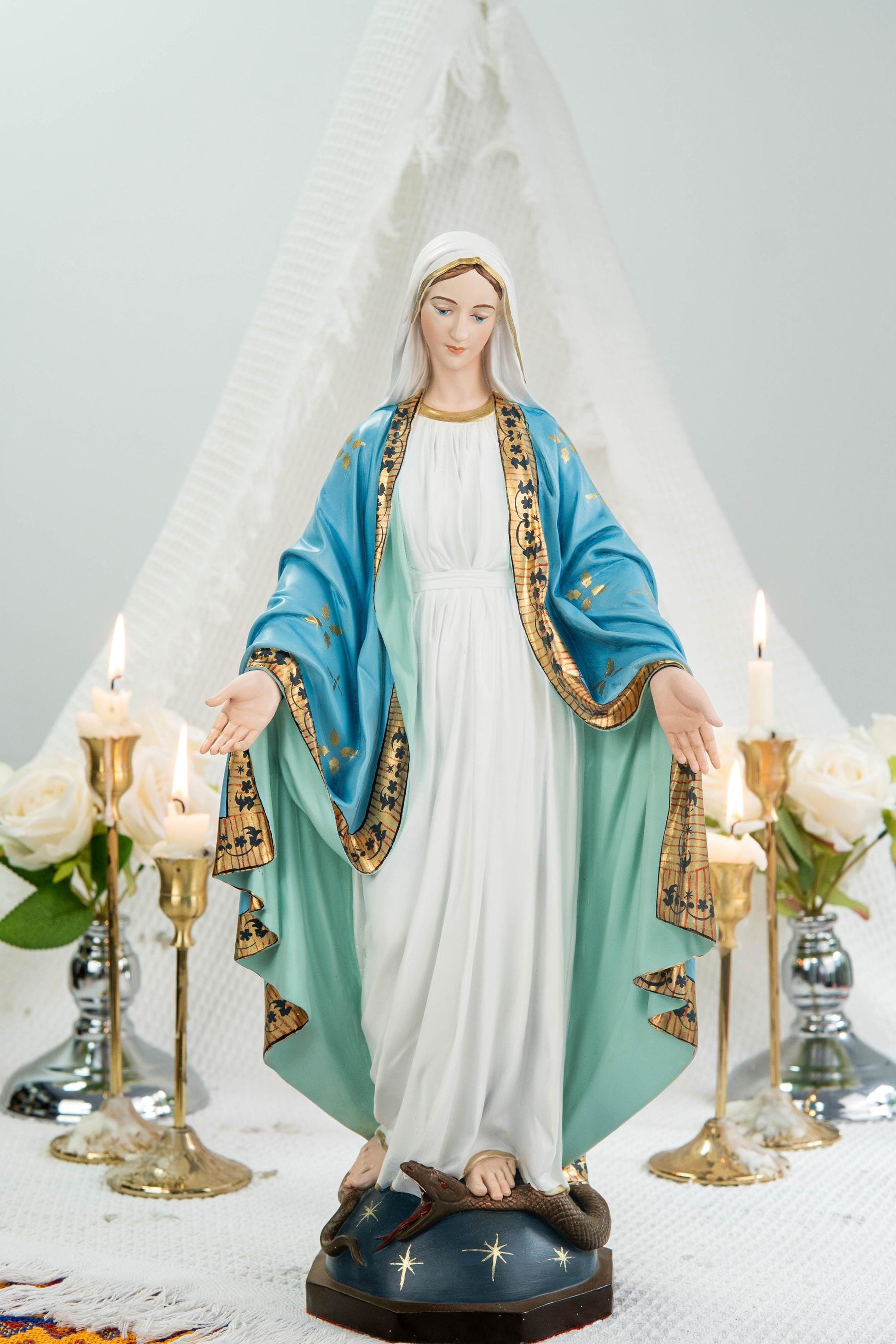 Hand-Painted Our Lady of Grace Statue 15.8" – Elegant Blue White Catholic Figurine, Mother Mary Decor, Catholic Gift's Mom,Home Altar Statue