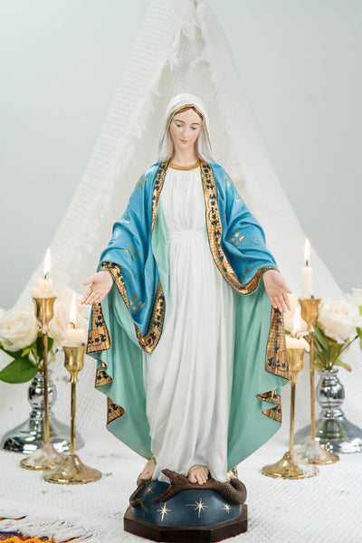 Hand-Painted Our Lady of Grace Statue 15.8" – Elegant Blue White Catholic Figurine, Mother Mary Decor, Catholic Gift's Mom,Home Altar Statue