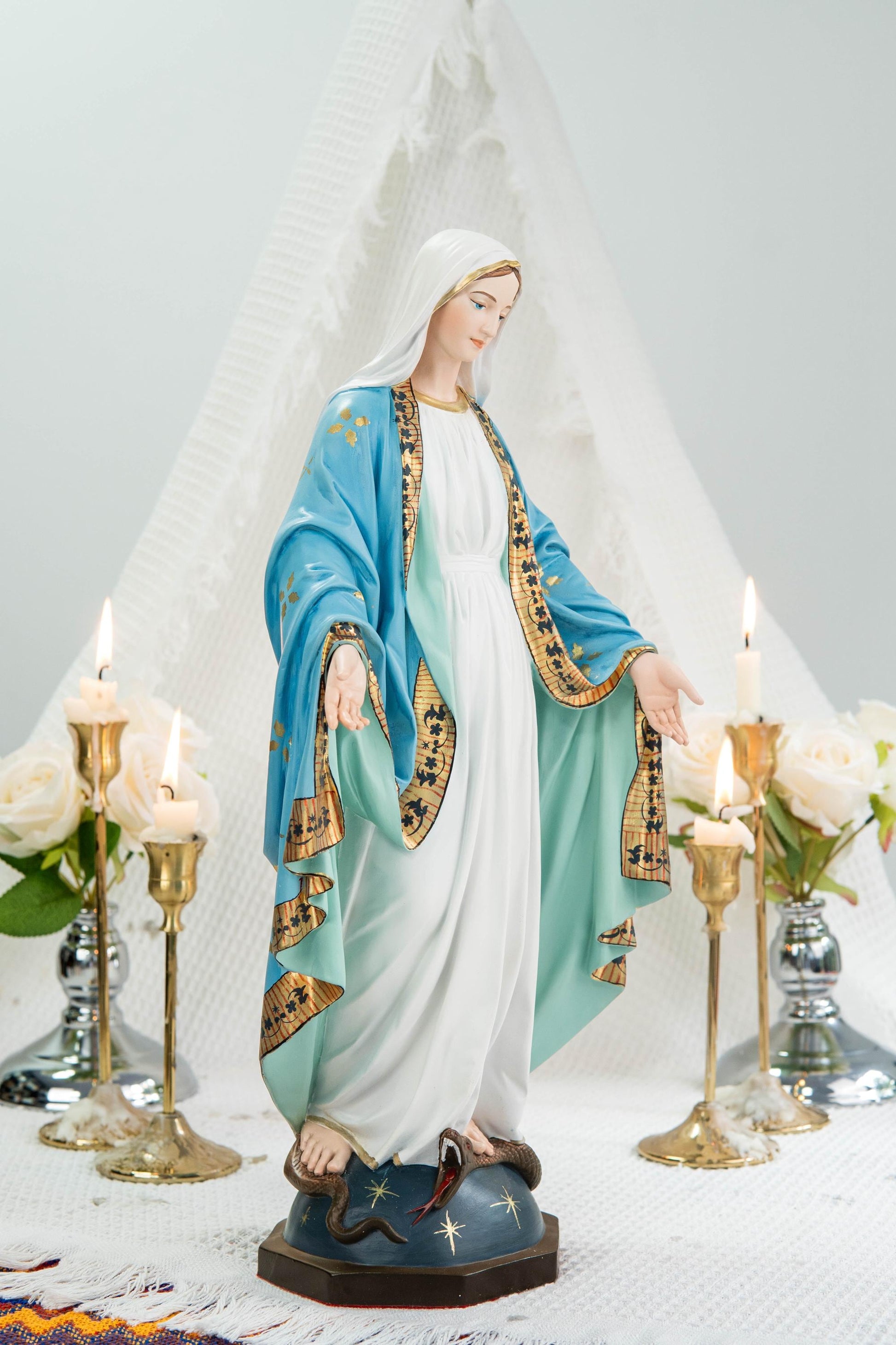 Hand-Painted Our Lady of Grace Statue 15.8" – Elegant Blue White Catholic Figurine, Mother Mary Decor, Catholic Gift's Mom,Home Altar Statue