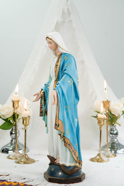 Hand-Painted Our Lady of Grace Statue 15.8" – Elegant Blue White Catholic Figurine, Mother Mary Decor, Catholic Gift's Mom,Home Altar Statue