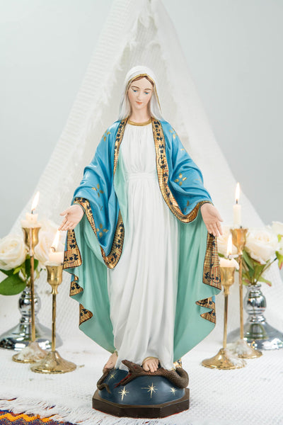 Hand-Painted Our Lady of Grace Statue 15.8" – Elegant Blue White Catholic Figurine, Mother Mary Decor, Catholic Gift's Mom,Home Altar Statue