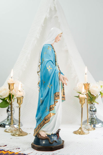 Hand-Painted Our Lady of Grace Statue 15.8" – Elegant Blue White Catholic Figurine, Mother Mary Decor, Catholic Gift's Mom,Home Altar Statue