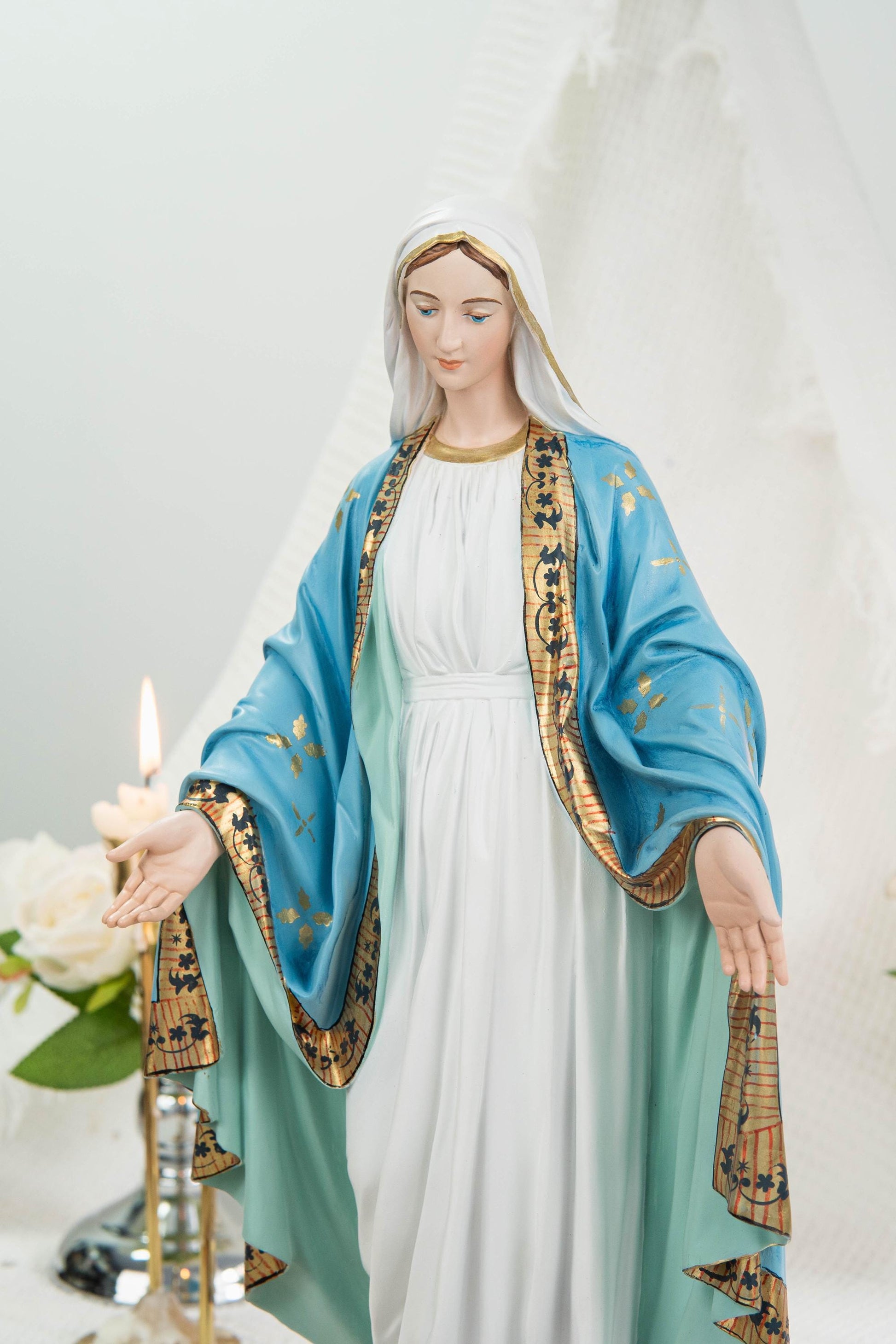 Hand-Painted Our Lady of Grace Statue 15.8" – Elegant Blue White Catholic Figurine, Mother Mary Decor, Catholic Gift's Mom,Home Altar Statue