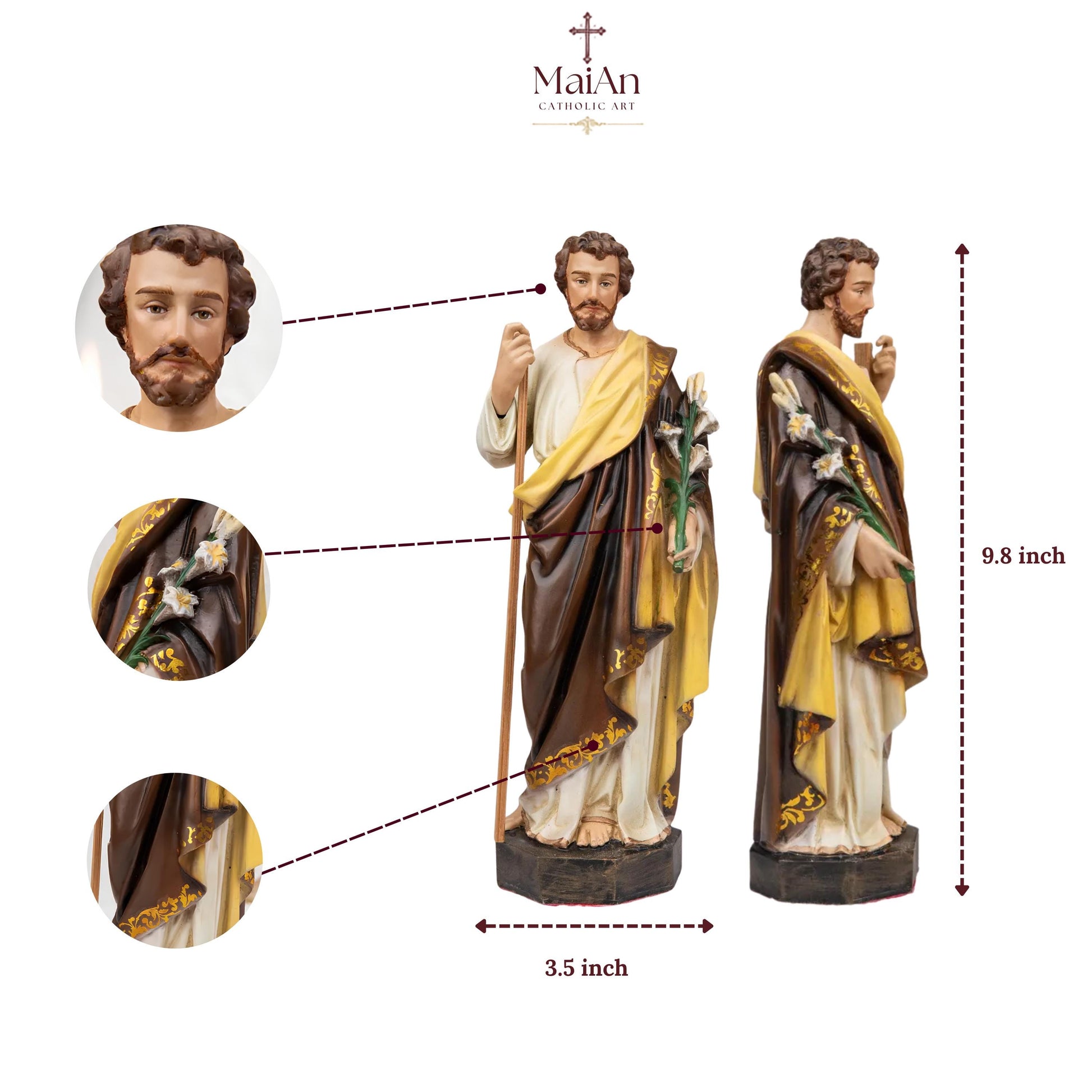 Saint Joseph Statue with Lily & Staff 9.8", Catholic Statue, Catholic Home Decor, Altar Decor, Religious Gift, Religious Figurines
