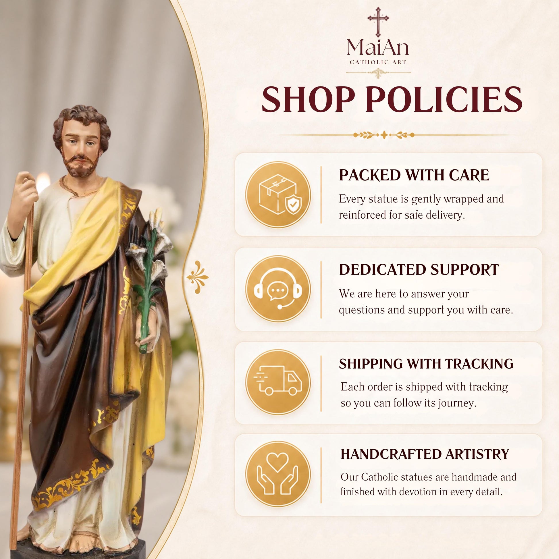 Saint Joseph Statue with Lily & Staff 9.8", Catholic Statue, Catholic Home Decor, Altar Decor, Religious Gift, Religious Figurines