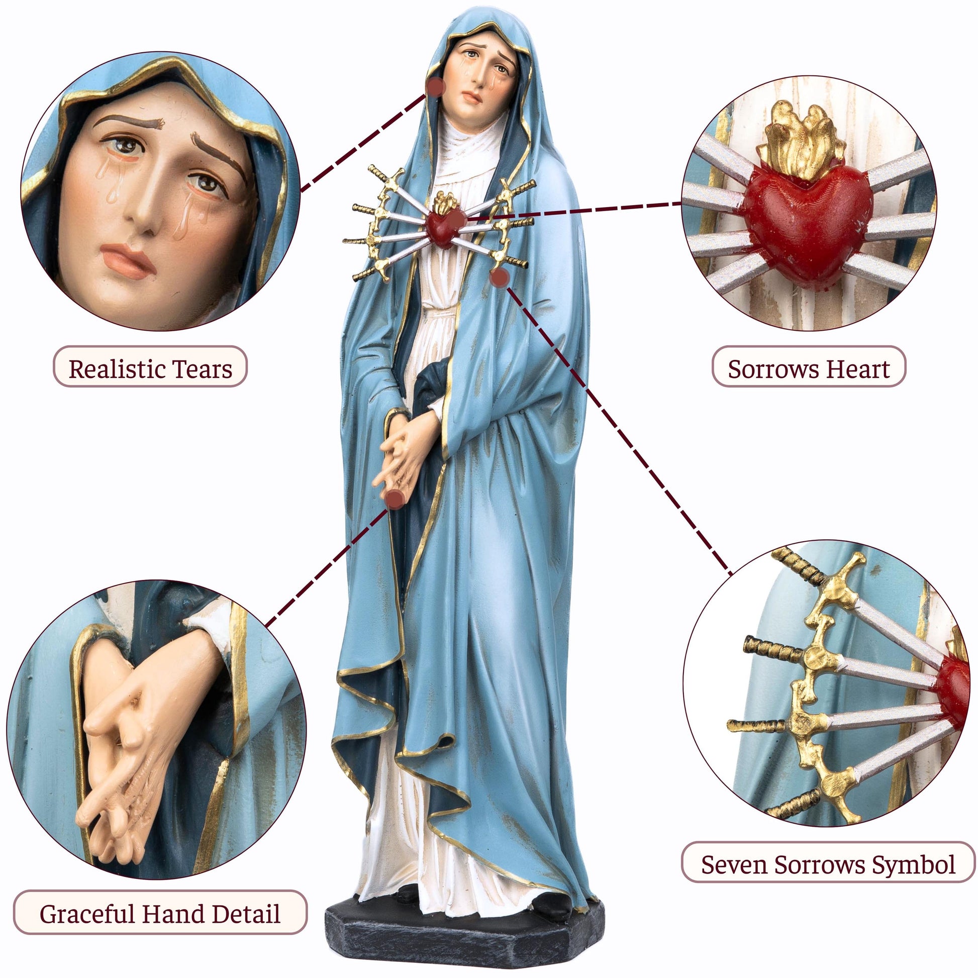 Personalized Engraving - Hand-Painted Our Lady of Sorrows Statue - Virgin Mary Statue, Beautiful Catholic Decor, Catholic Gifts, Gifts for Catholic Women.