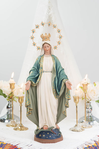 Hand-Painted Our Lady of Grace Statue 15.8" - Mint Green, Virgin Mary Catholic Statue, Catholic Gift, Blessed Mother Altar Decor