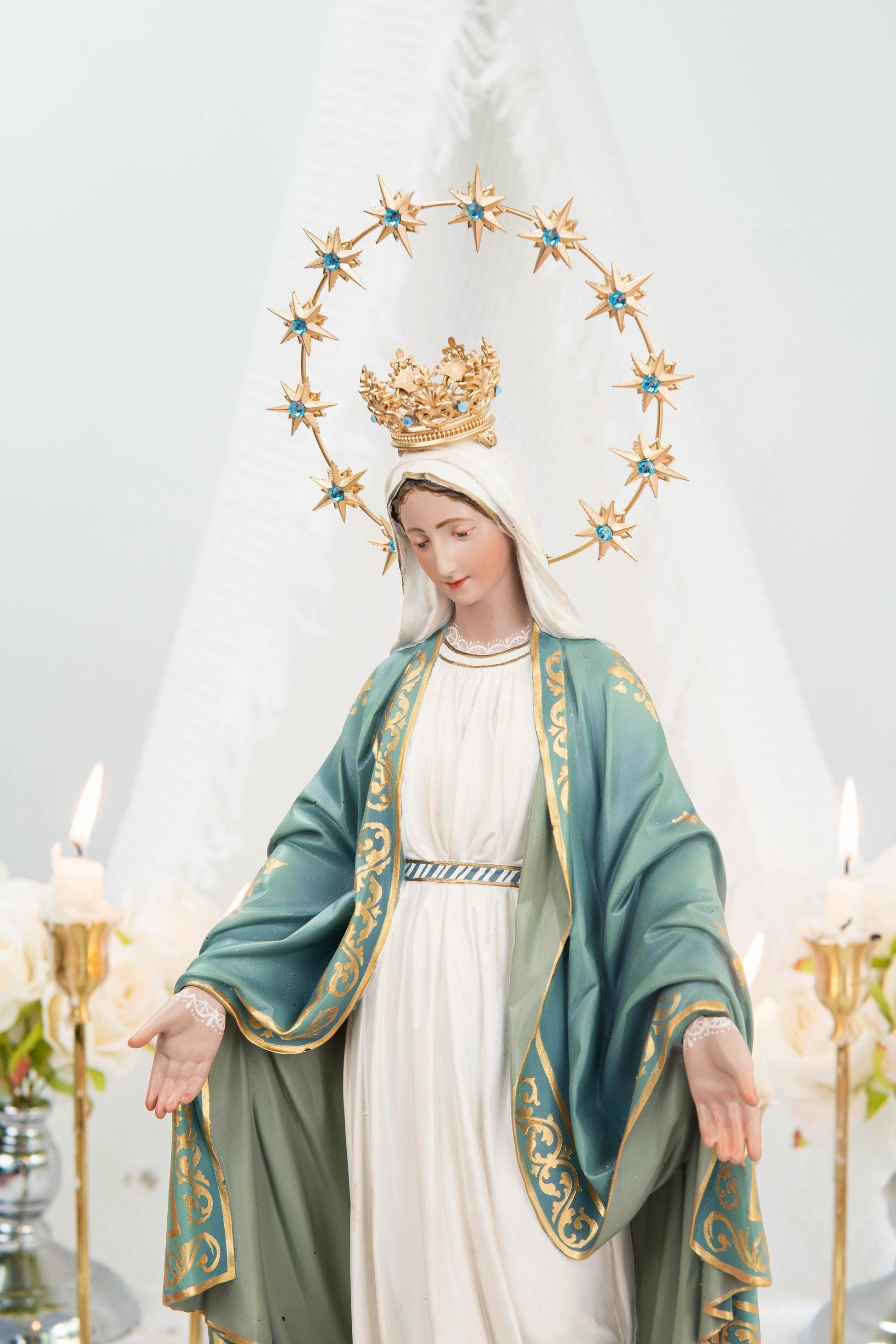 Hand-Painted Our Lady of Grace Statue 15.8" - Mint Green, Virgin Mary Catholic Statue, Catholic Gift, Blessed Mother Altar Decor