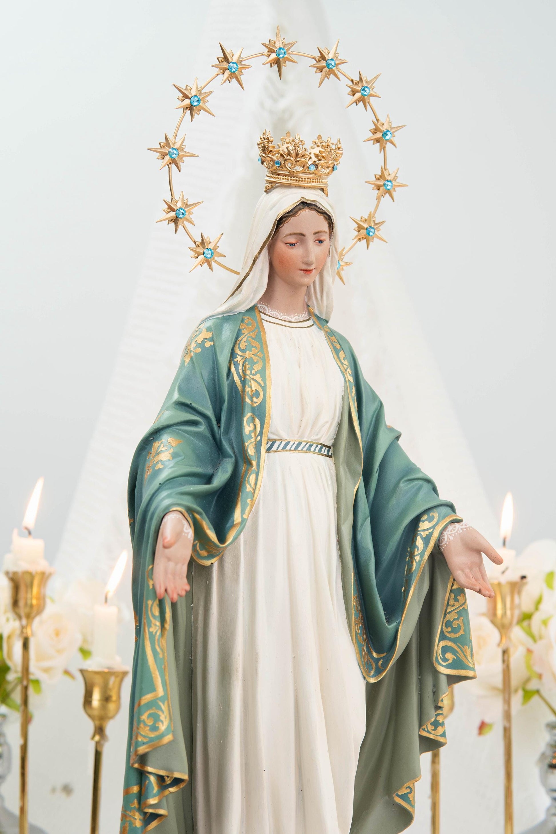 Hand-Painted Our Lady of Grace Statue 15.8" - Mint Green, Virgin Mary Catholic Statue, Catholic Gift, Blessed Mother Altar Decor