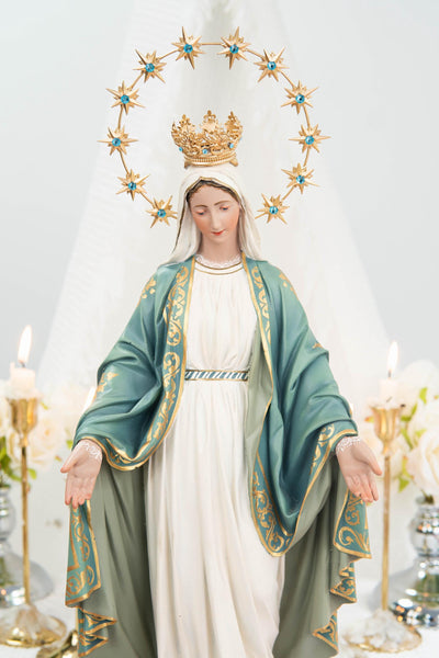 Hand-Painted Our Lady of Grace Statue 15.8" - Mint Green, Virgin Mary Catholic Statue, Catholic Gift, Blessed Mother Altar Decor