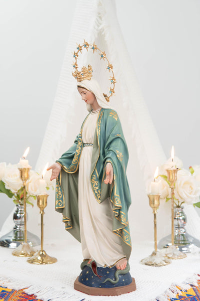Hand-Painted Our Lady of Grace Statue 15.8" - Mint Green, Virgin Mary Catholic Statue, Catholic Gift, Blessed Mother Altar Decor