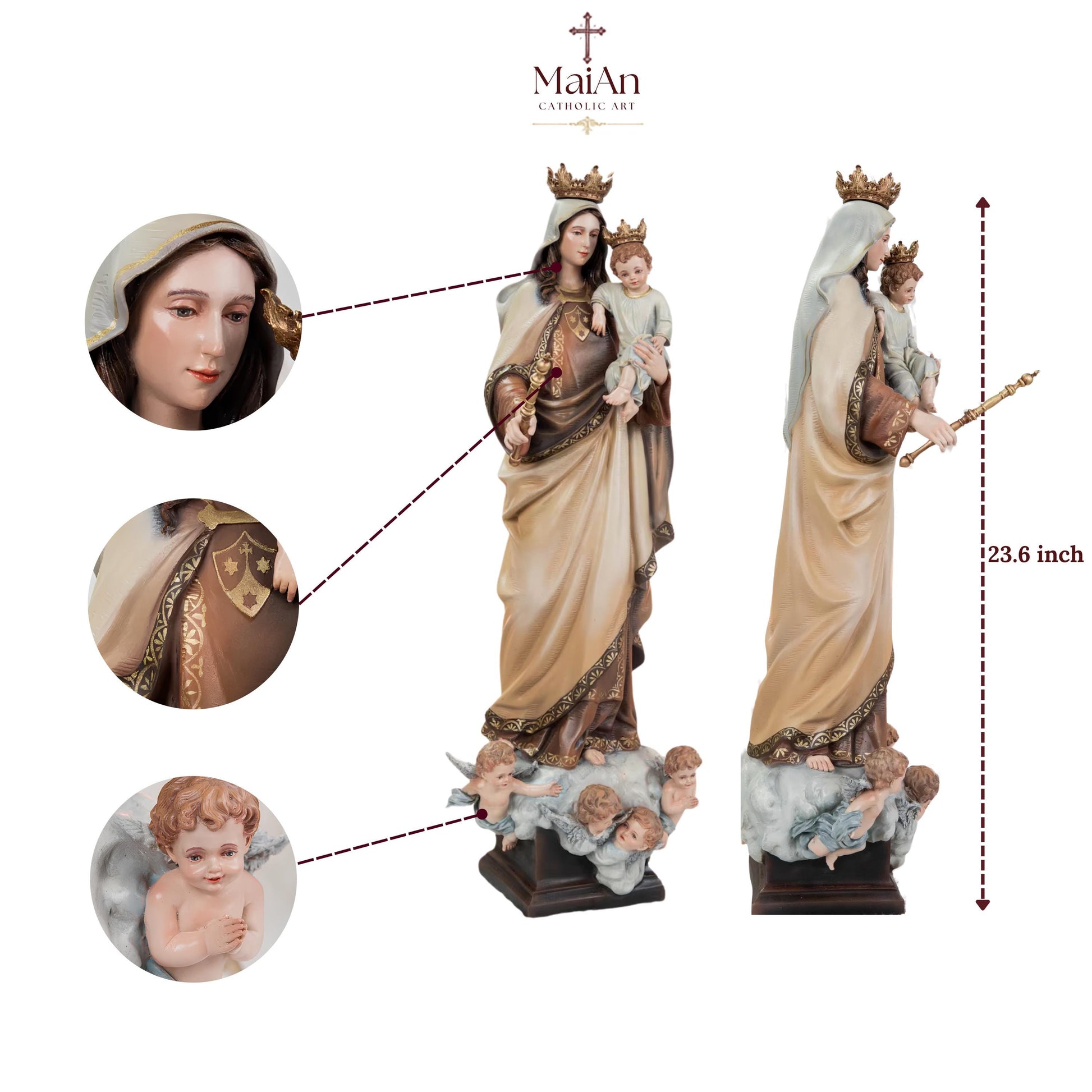 Hand-Painted Our Lady of Mount Carmel Statue with Child Jesus 23.6" –Crowned Virgin Mary Catholic Figurine, Catholic Gift & Home Altar Decor