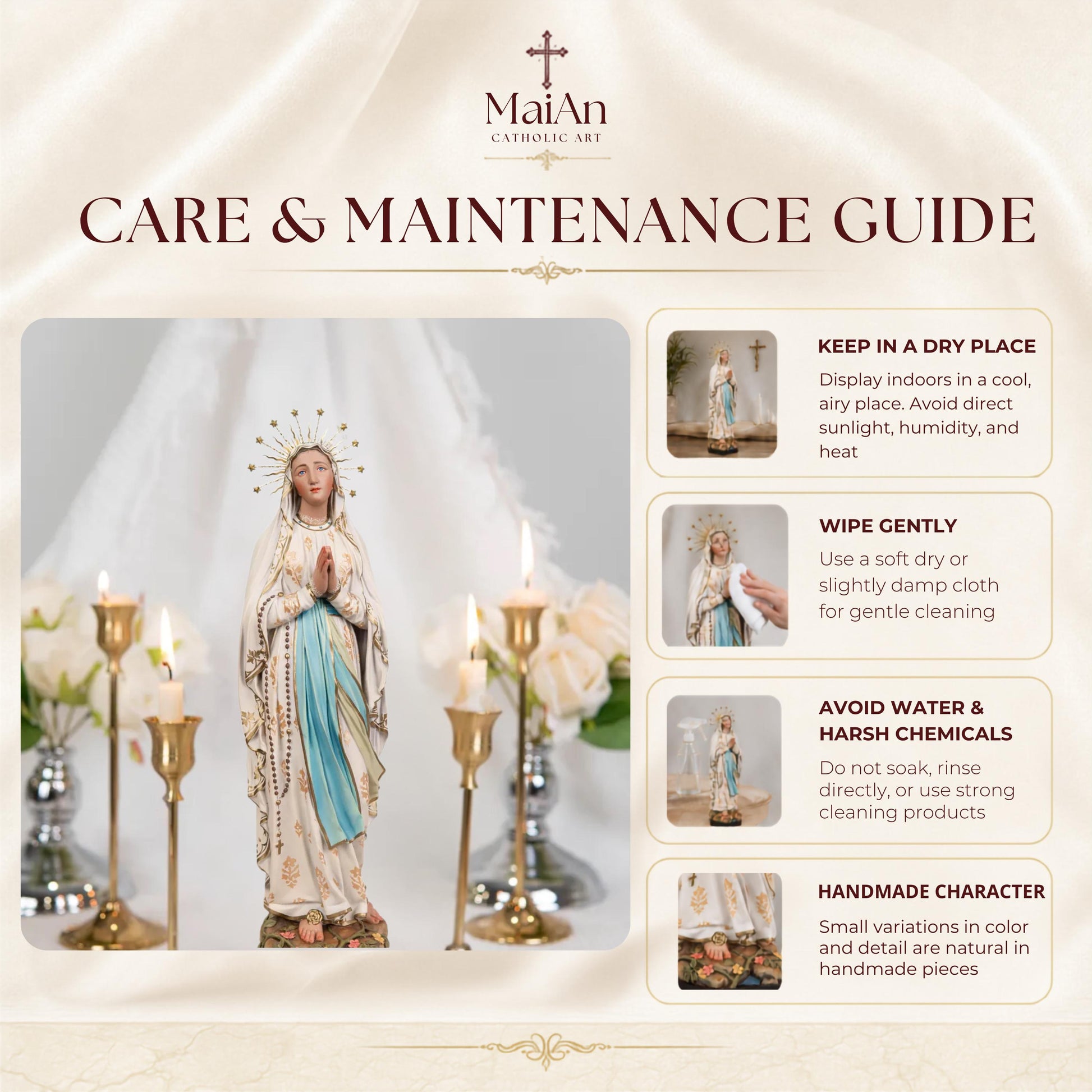 Our Lady of Lourdes Statue 15.8" - Virgin Mary Statue with Rosary, Catholic Home Decor, Marian Gift, Religious Gift for Women, Mary Statue