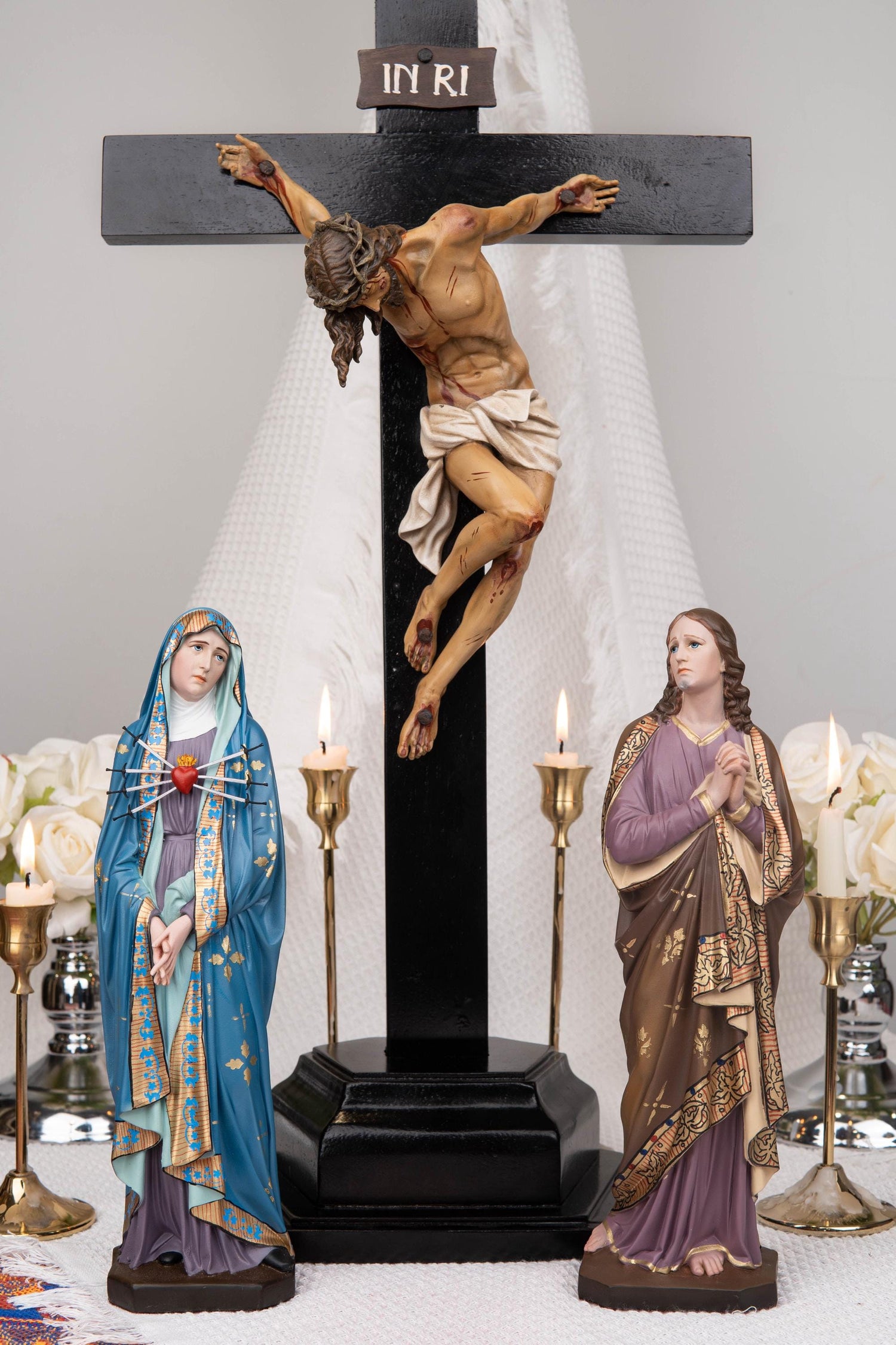 Catholic Altar Set, INRI Crucifix Cross, Our Lady of Sorrows Statue, St. John Apostle Statue, Religious Home Decor, Catholic Decor