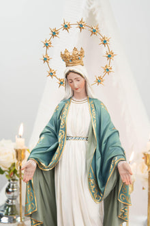 Hand-Painted Our Lady of Grace Statue 15.8" - Mint Green, Virgin Mary Catholic Statue, Catholic Gift, Blessed Mother Altar Decor