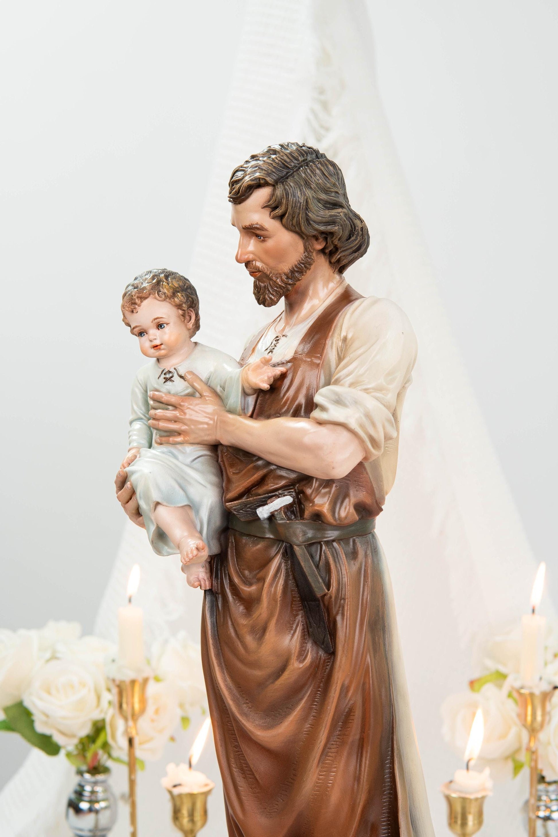 Hand-Painted Saint Joseph with Child Jesus Statue 20.8" - Catholic Figurine, Patron Saint of Families, Christian Home Decor, Religious Gift