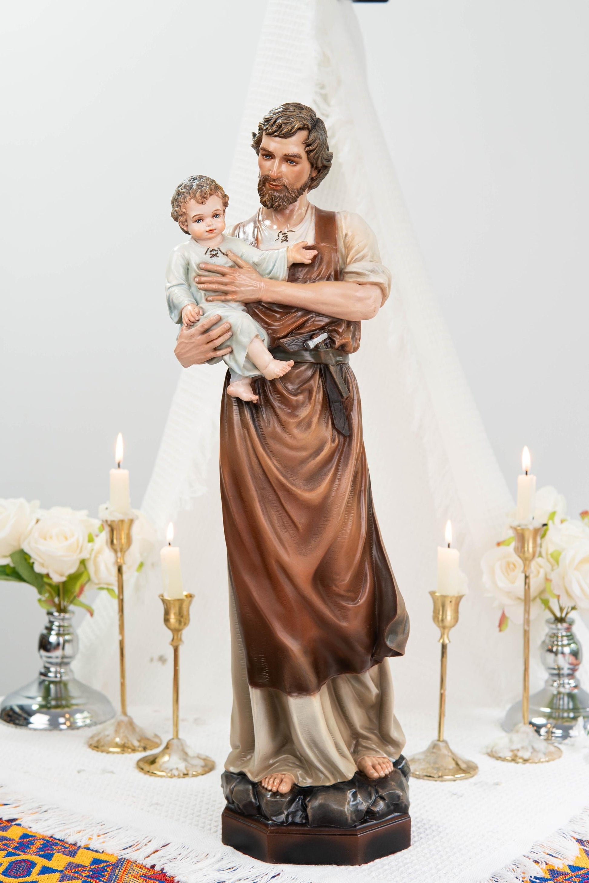 Hand-Painted Saint Joseph with Child Jesus Statue 20.8" - Catholic Figurine, Patron Saint of Families, Christian Home Decor, Religious Gift