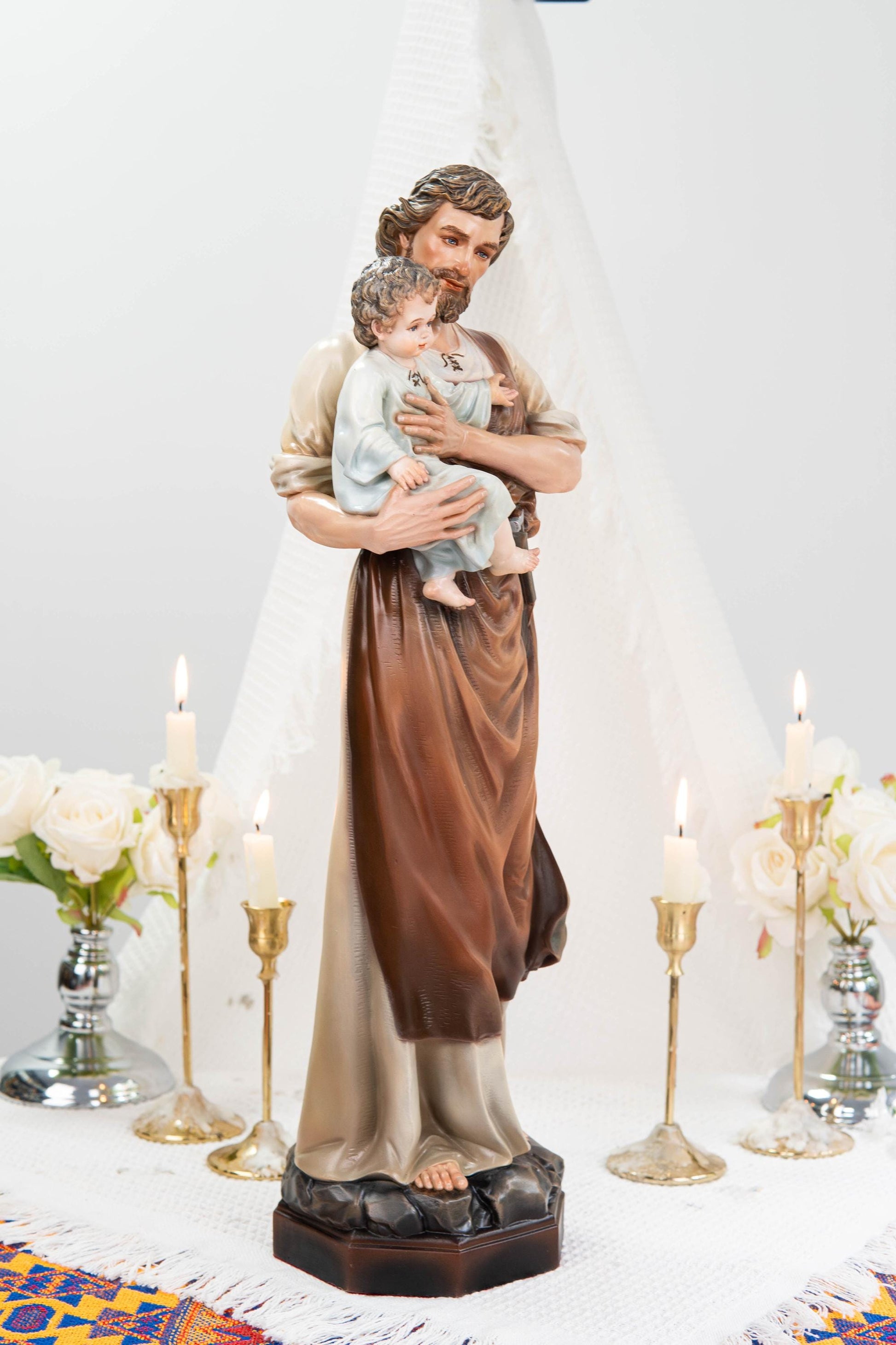 Hand-Painted Saint Joseph with Child Jesus Statue 20.8" - Catholic Figurine, Patron Saint of Families, Christian Home Decor, Religious Gift