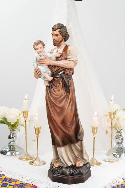Hand-Painted Saint Joseph with Child Jesus Statue 20.8" - Catholic Figurine, Patron Saint of Families, Christian Home Decor, Religious Gift