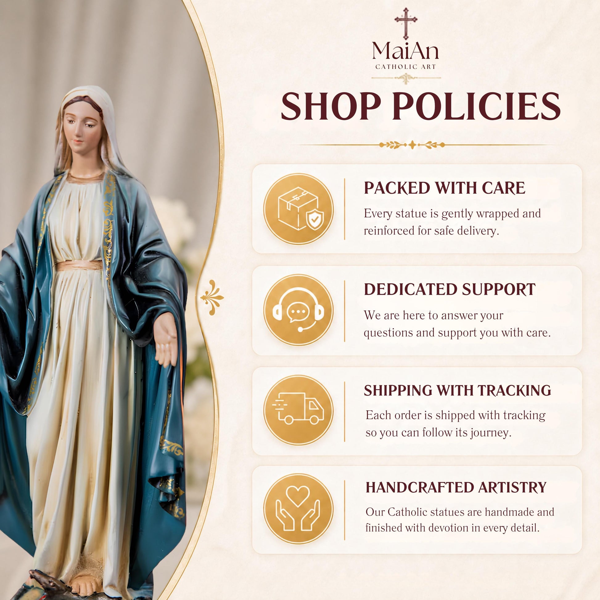Hand-Painted Our Lady of Grace Statue 9.8" - Virgin Mary Statue, Mother Mary, Catholic Gifts for Women & Men, Catholic Statue, Virgen Maria