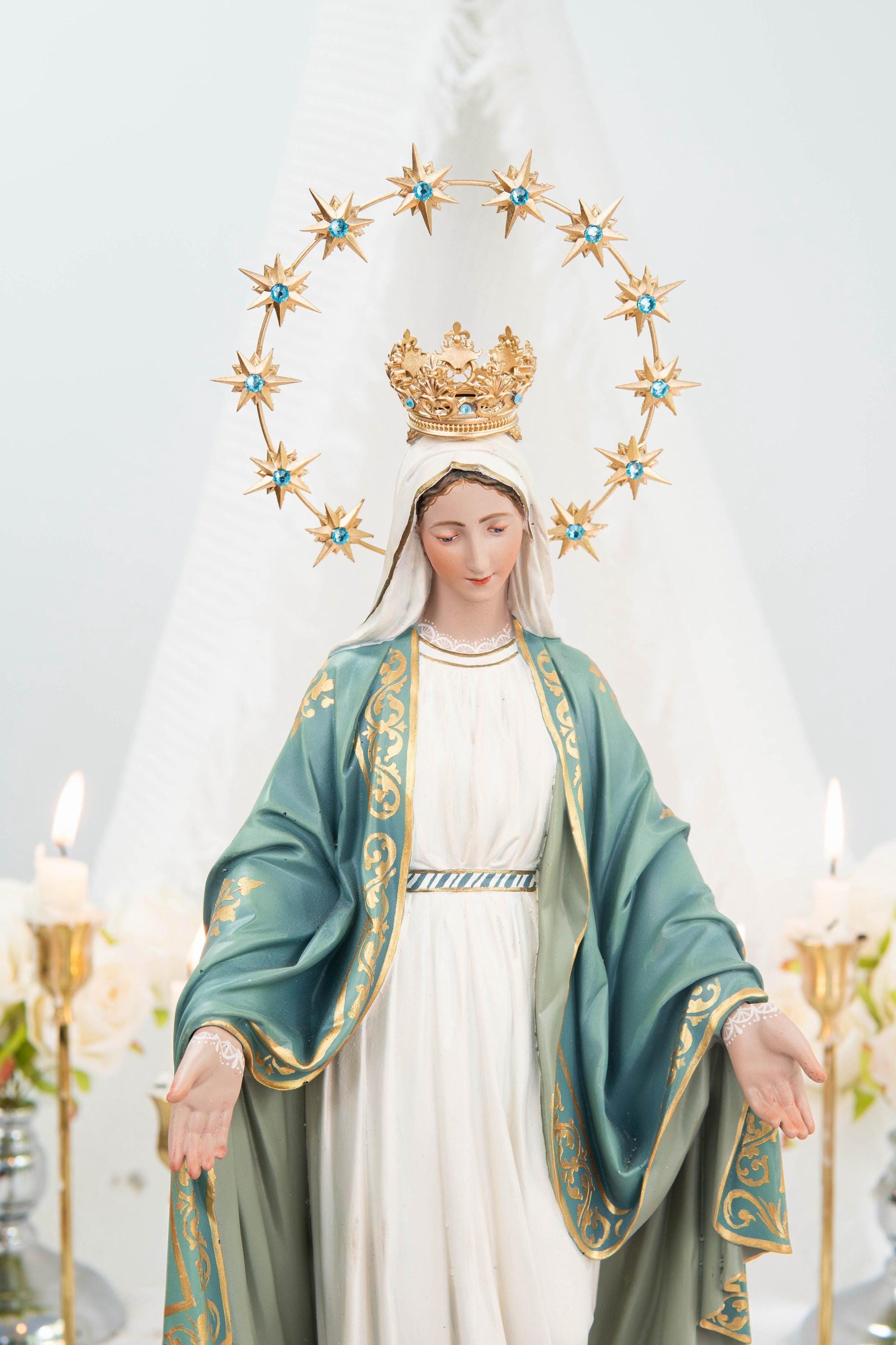 Hand-Painted Our Lady of Grace Statue 15.8" - Mint Green, Virgin Mary Catholic Statue, Catholic Gift, Blessed Mother Altar Decor