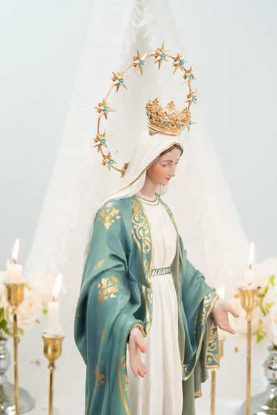 Hand-Painted Our Lady of Grace Statue 15.8" - Mint Green, Virgin Mary Catholic Statue, Catholic Gift, Blessed Mother Altar Decor