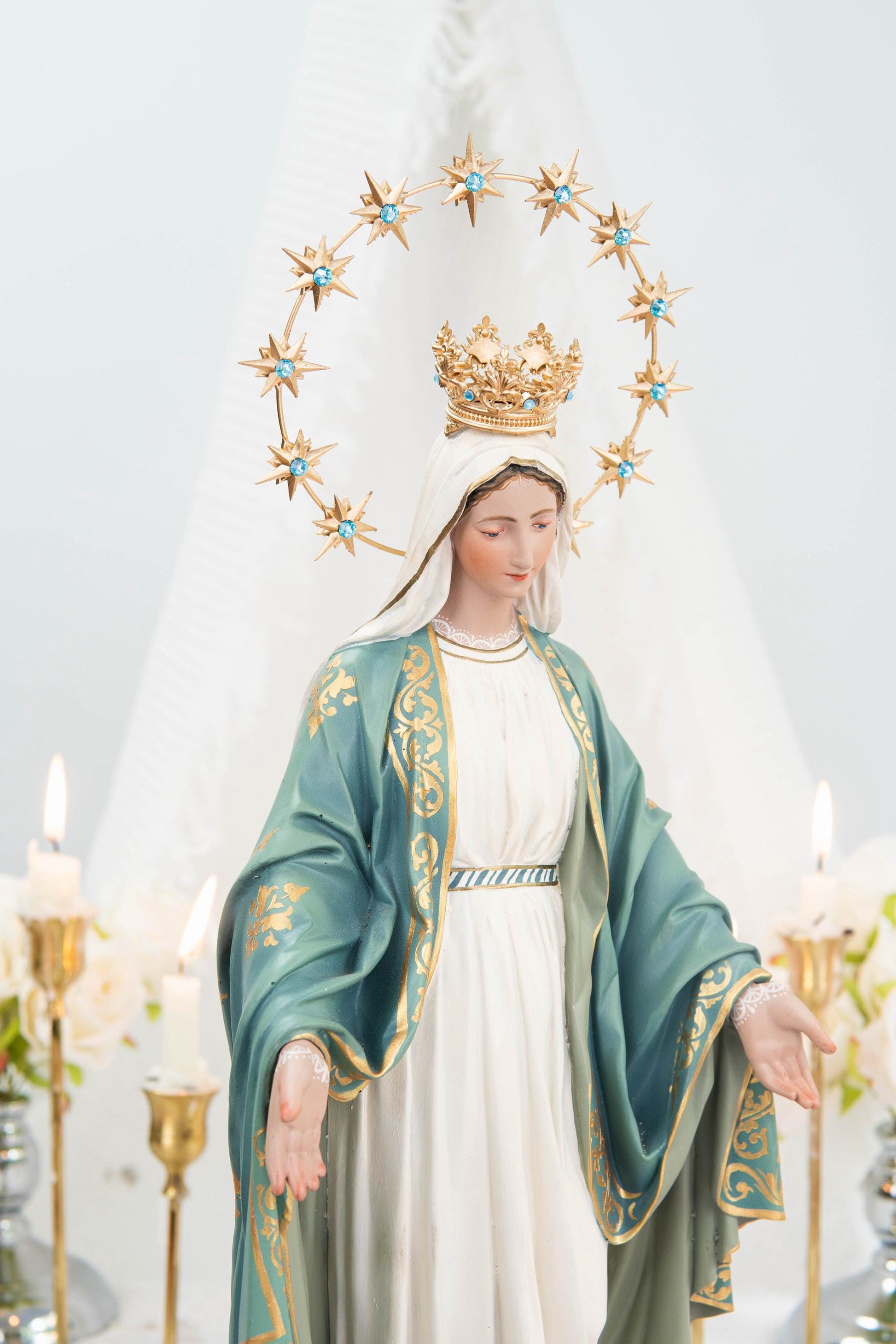 Hand-Painted Our Lady of Grace Statue 15.8" - Mint Green, Virgin Mary Catholic Statue, Catholic Gift, Blessed Mother Altar Decor