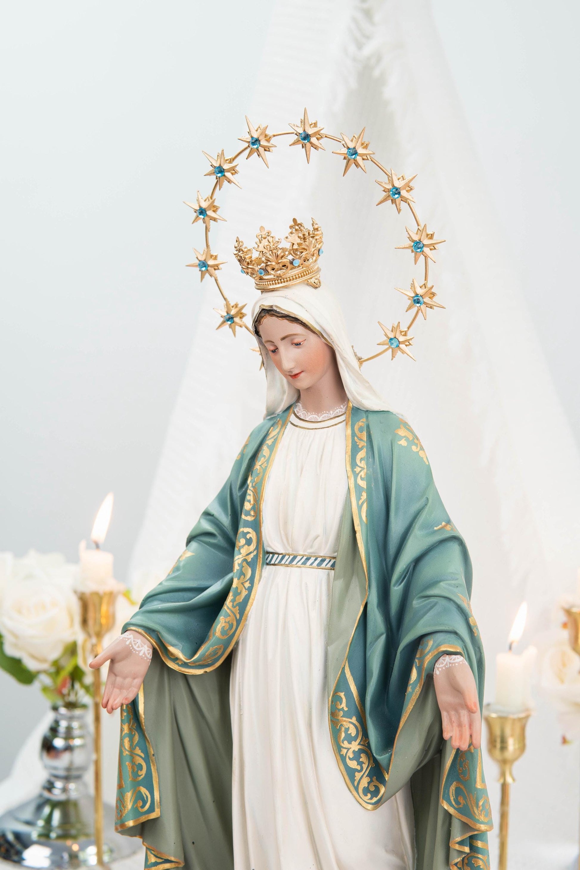 Hand-Painted Our Lady of Grace Statue 15.8" - Mint Green, Virgin Mary Catholic Statue, Catholic Gift, Blessed Mother Altar Decor