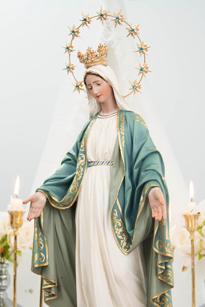 Hand-Painted Our Lady of Grace Statue 15.8" - Mint Green, Virgin Mary Catholic Statue, Catholic Gift, Blessed Mother Altar Decor
