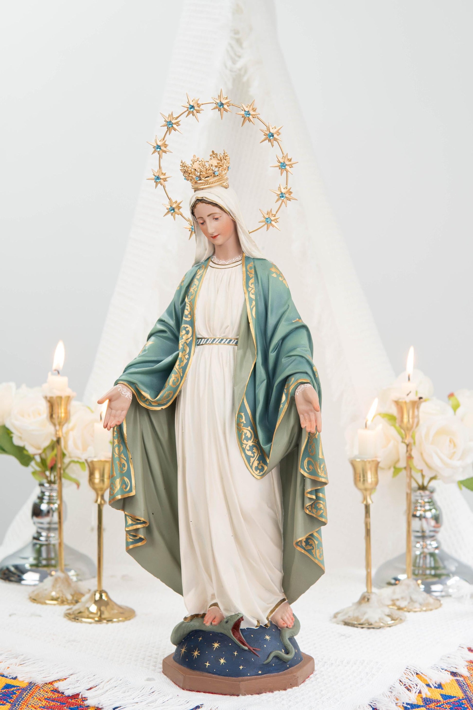Hand-Painted Our Lady of Grace Statue 15.8" - Mint Green, Virgin Mary Catholic Statue, Catholic Gift, Blessed Mother Altar Decor