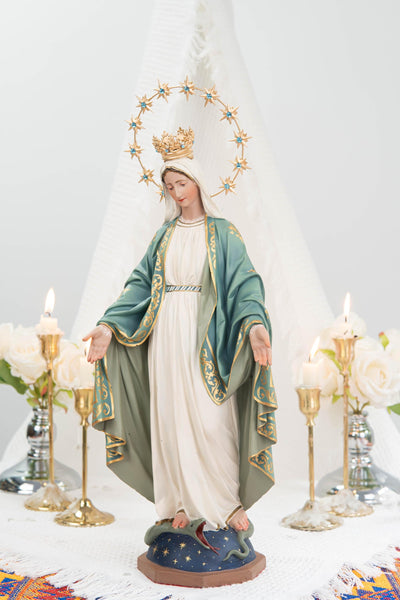 Hand-Painted Our Lady of Grace Statue 15.8" - Mint Green, Virgin Mary Catholic Statue, Catholic Gift, Blessed Mother Altar Decor